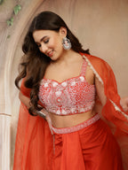 Women's Orange Solid & Embroidered Silk Draped Lehenga Choli With Shrug