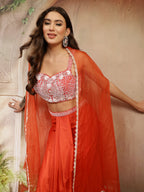 Women's Orange Solid & Embroidered Silk Draped Lehenga Choli With Shrug