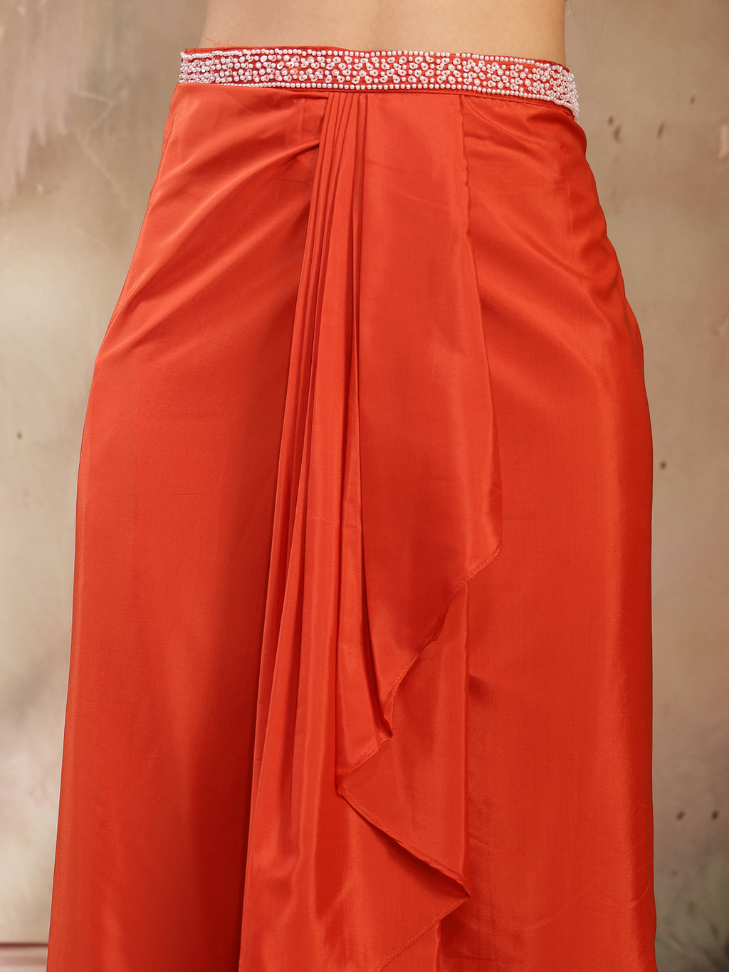 Women's Orange Solid & Embroidered Silk Draped Lehenga Choli With Shrug