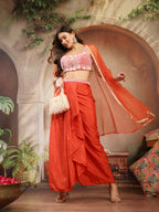 Women's Orange Solid & Embroidered Silk Draped Lehenga Choli With Shrug