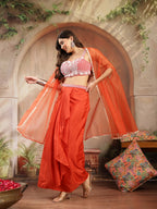 Women's Orange Solid & Embroidered Silk Draped Lehenga Choli With Shrug