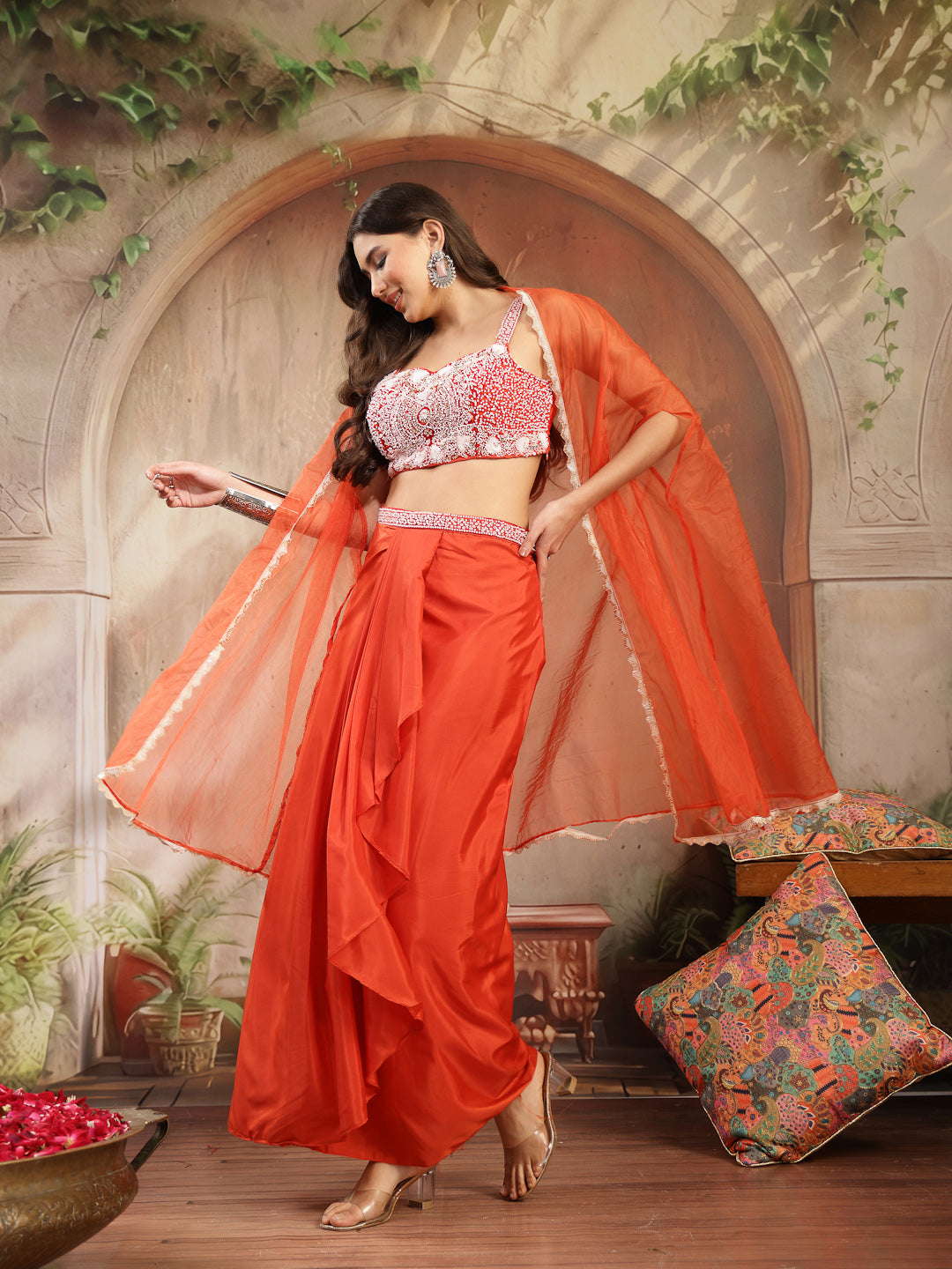 Women's Orange Solid & Embroidered Silk Draped Lehenga Choli With Shrug