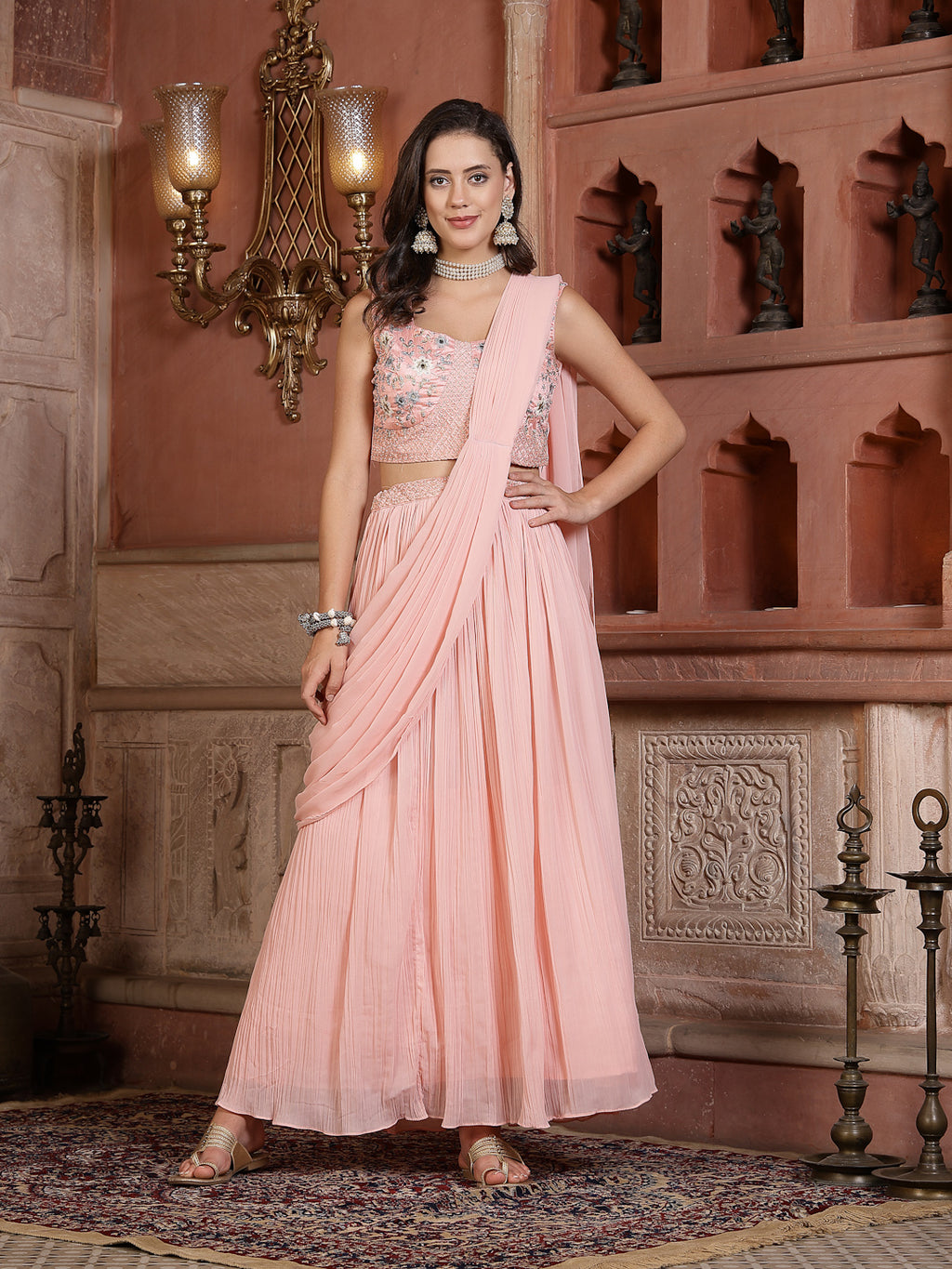 Women's Printed & Embroidered Georgette Draped Lehenga Saree with Blouse