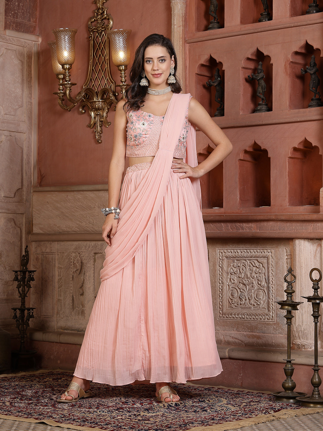 Women's Printed & Embroidered Georgette Draped Lehenga Saree with Blouse