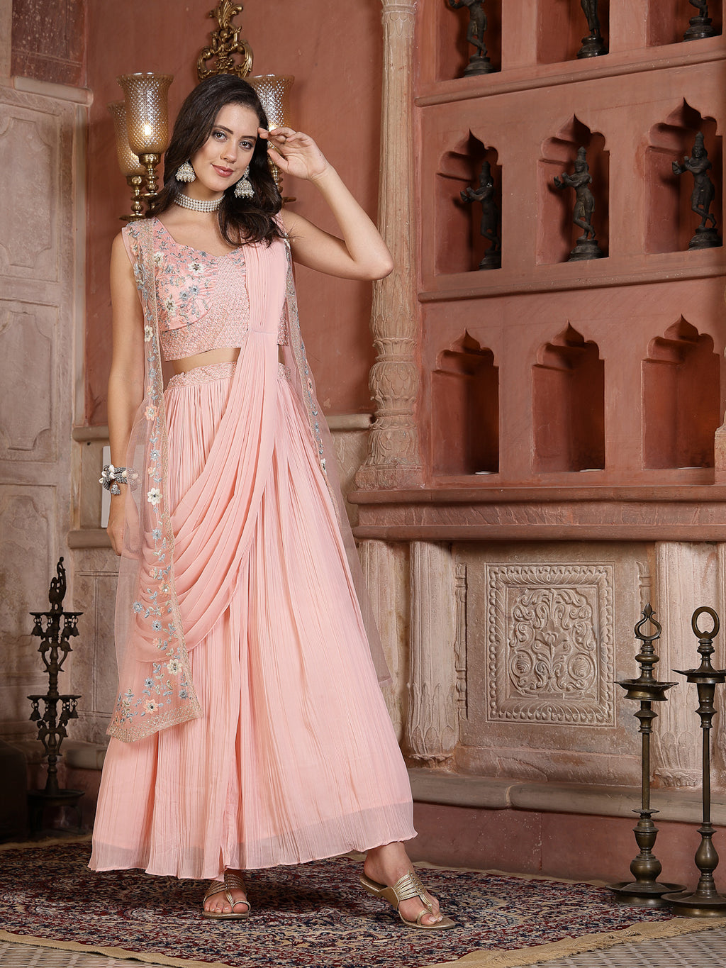 Women's Printed & Embroidered Georgette Draped Lehenga Saree with Blouse