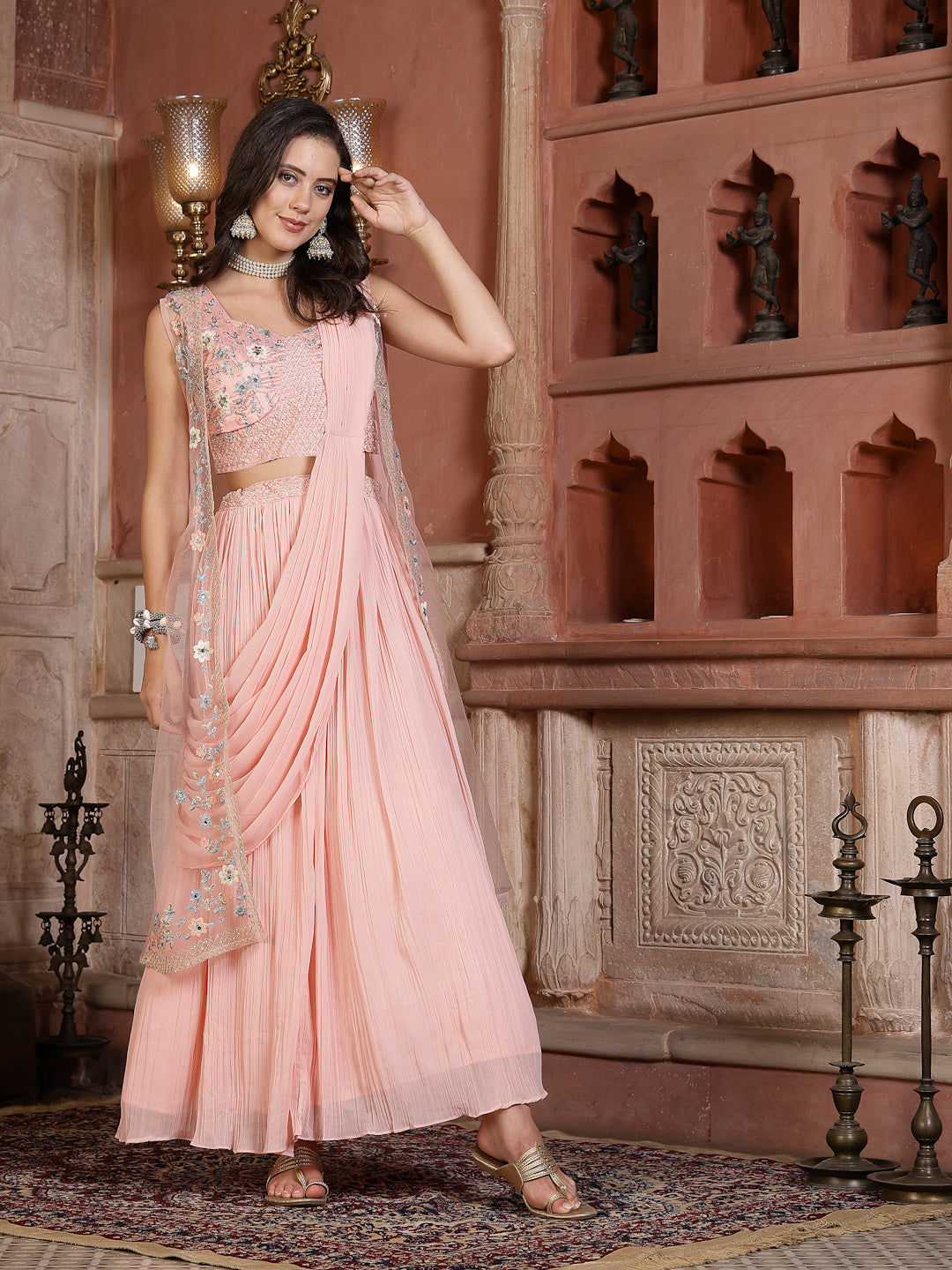 Women's Printed & Embroidered Georgette Draped Lehenga Saree with Blouse