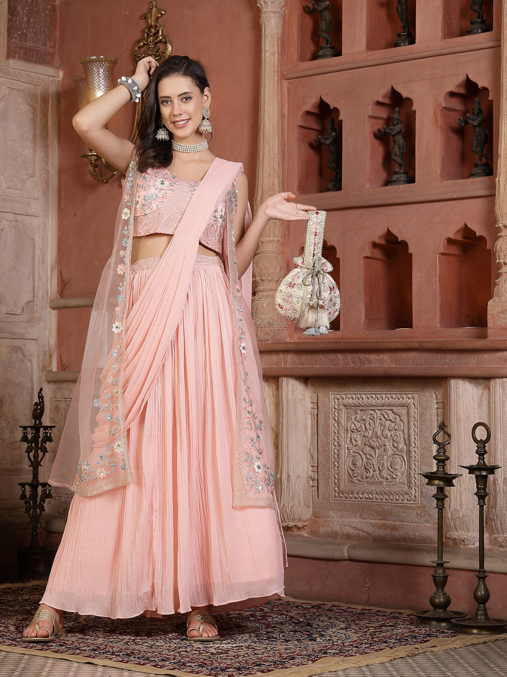 Women's Printed & Embroidered Georgette Draped Lehenga Saree with Blouse
