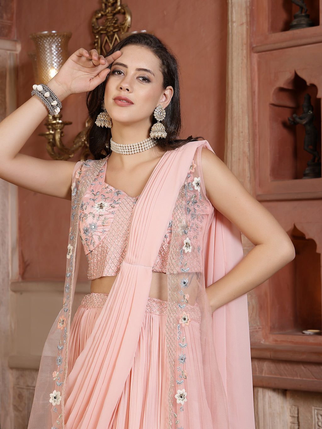 Women's Printed & Embroidered Georgette Draped Lehenga Saree with Blouse