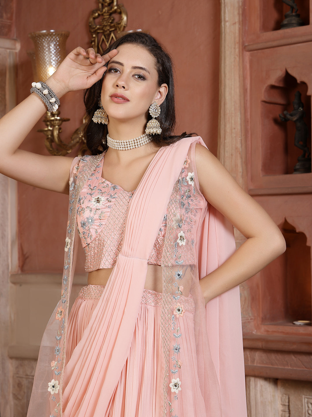 Women's Printed & Embroidered Georgette Draped Lehenga Saree with Blouse