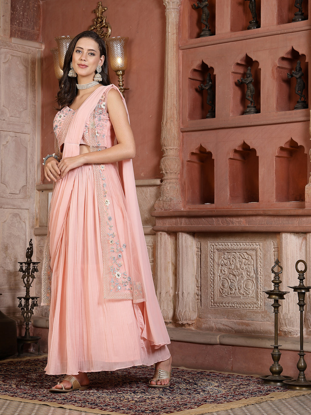 Women's Printed & Embroidered Georgette Draped Lehenga Saree with Blouse