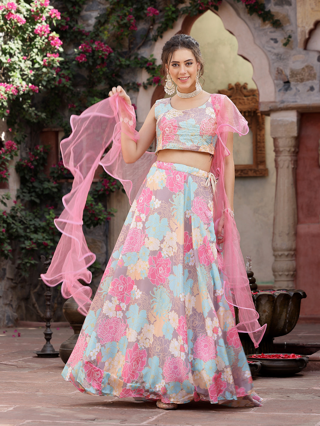 Women's Floral Printed Satin Lehenga Dupatta with Blouse