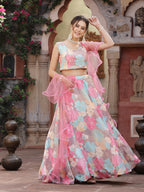 Women's Floral Printed Satin Lehenga Dupatta with Blouse