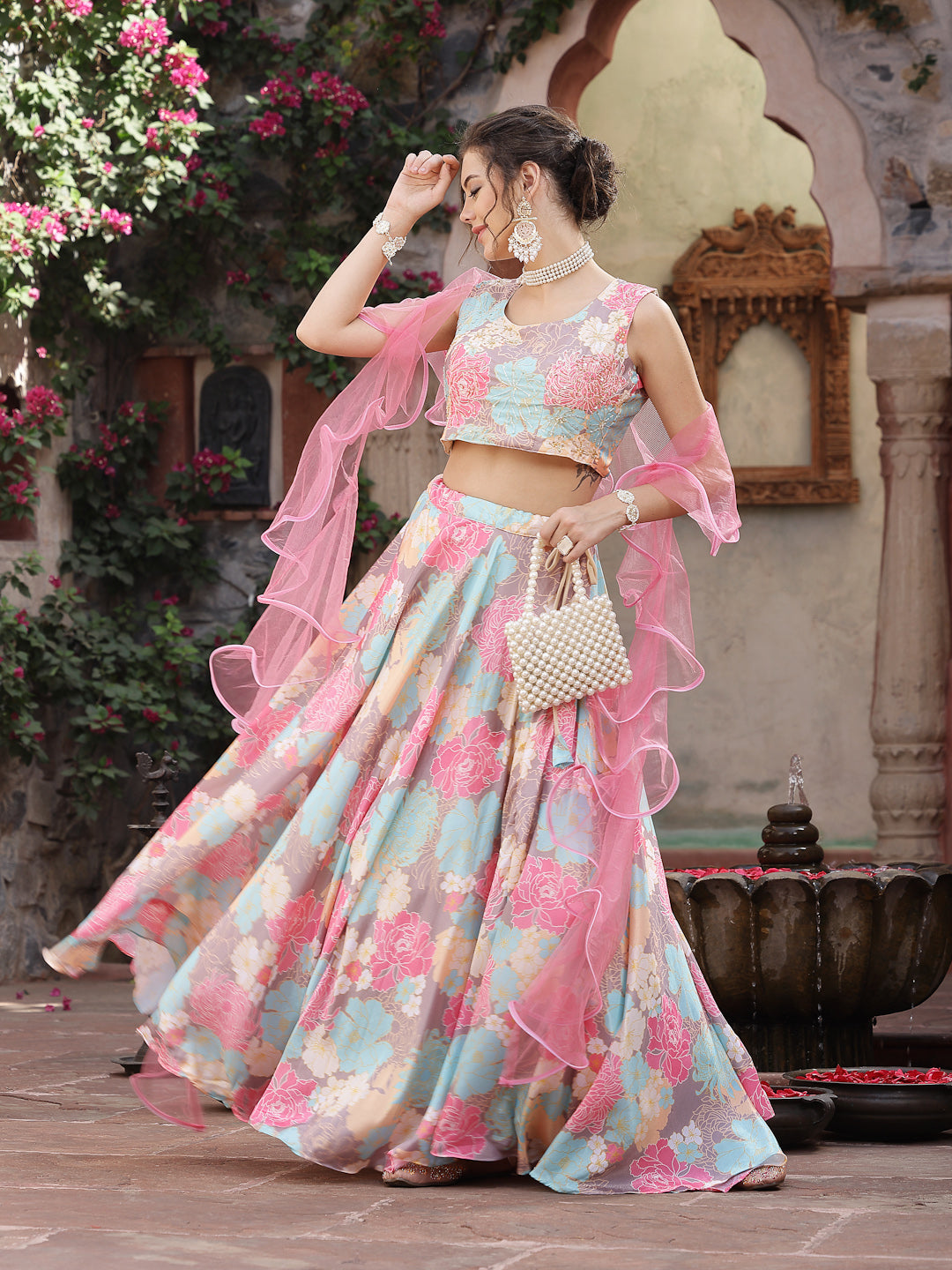 Women's Floral Printed Satin Lehenga Dupatta with Blouse