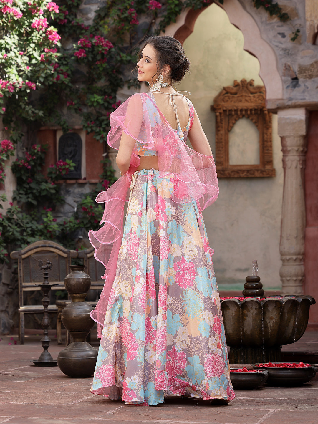 Women's Floral Printed Satin Lehenga Dupatta with Blouse