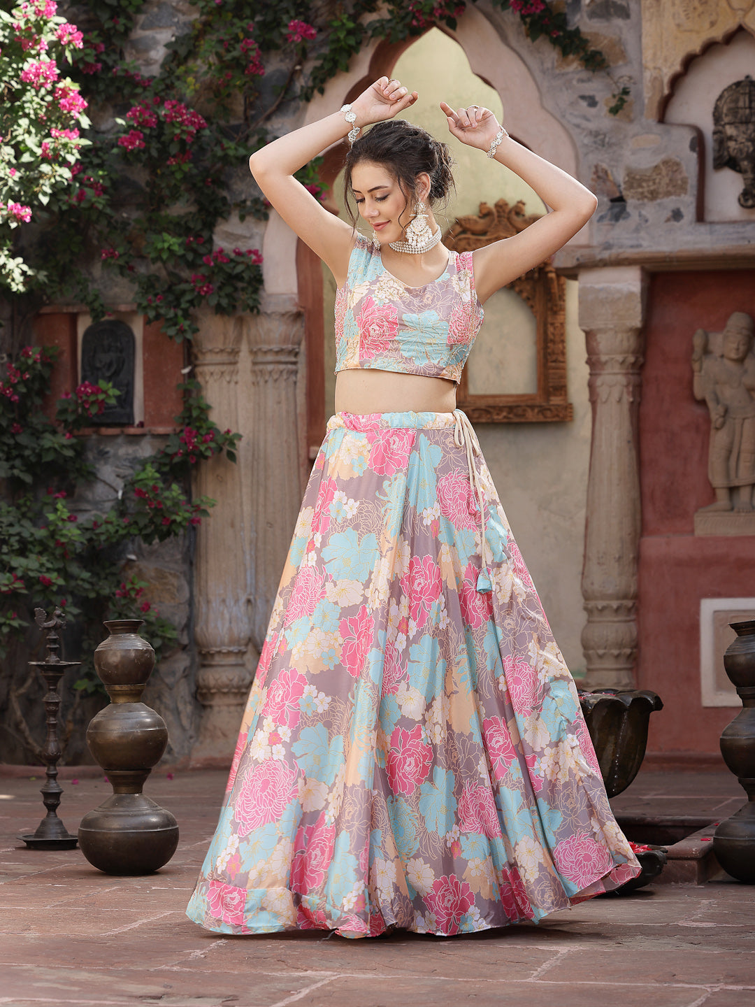Women's Floral Printed Satin Lehenga Dupatta with Blouse