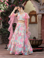 Women's Floral Printed Satin Lehenga Dupatta with Blouse