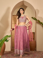 Women's Pink Solid & Embroidered Net Lehenga Choli Dupatta Set