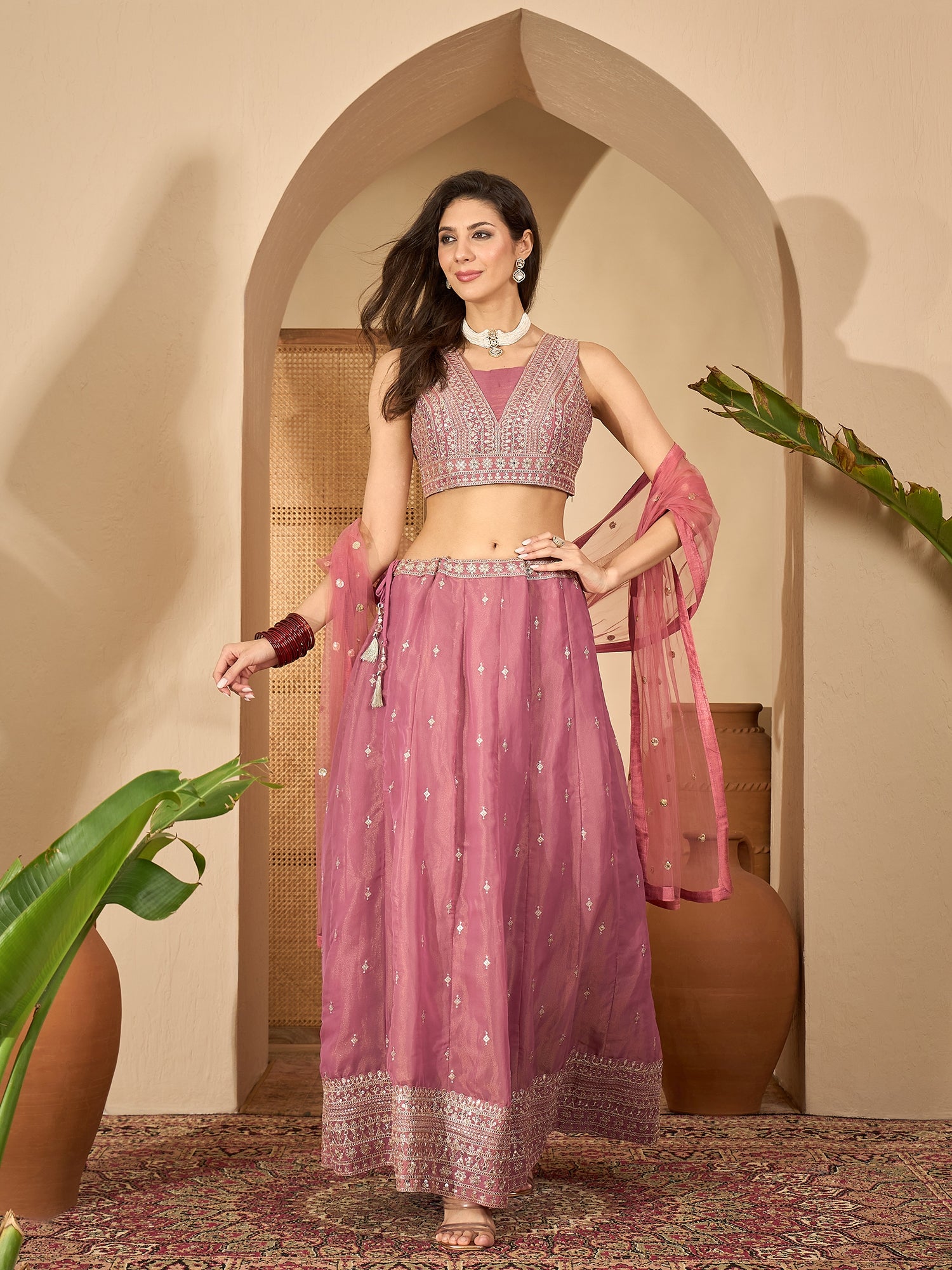 Women's Pink Solid & Embroidered Net Lehenga Choli Dupatta Set