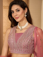 Women's Pink Solid & Embroidered Net Lehenga Choli Dupatta Set