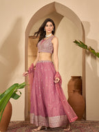 Women's Pink Solid & Embroidered Net Lehenga Choli Dupatta Set