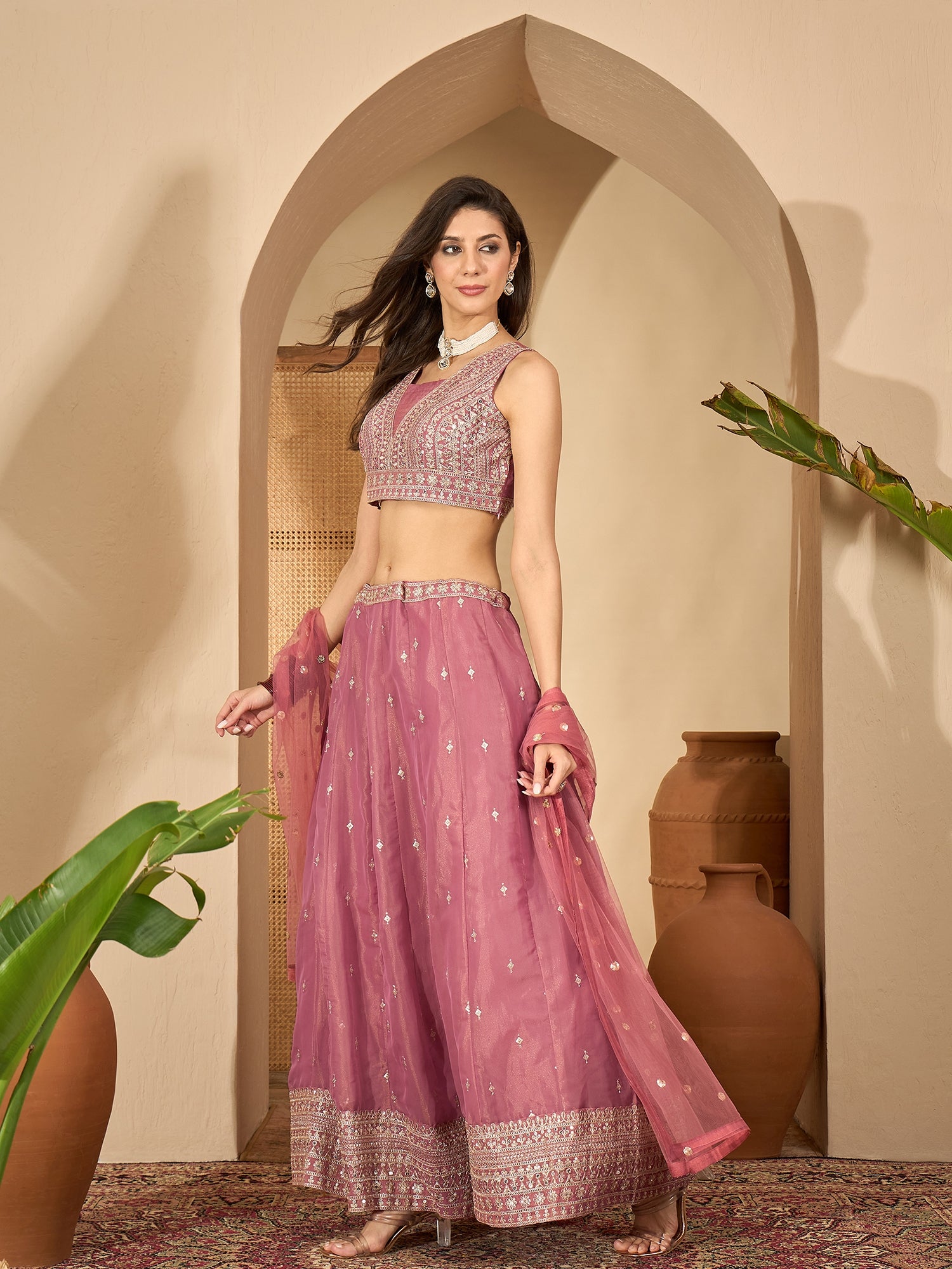 Women's Pink Solid & Embroidered Net Lehenga Choli Dupatta Set