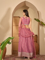 Women's Pink Solid & Embroidered Net Lehenga Choli Dupatta Set