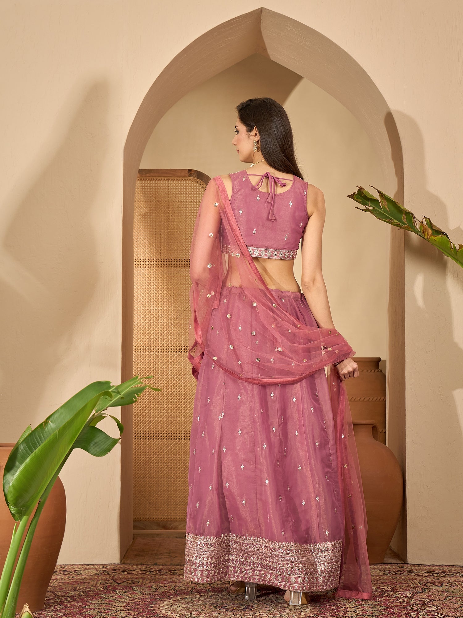 Women's Pink Solid & Embroidered Net Lehenga Choli Dupatta Set