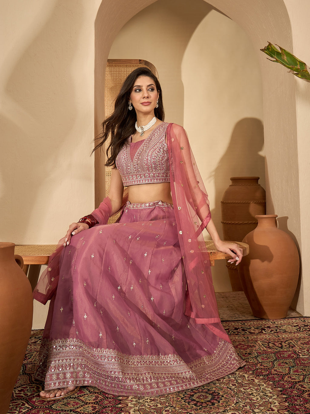 Women's Pink Solid & Embroidered Net Lehenga Choli Dupatta Set