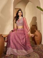 Women's Pink Solid & Embroidered Net Lehenga Choli Dupatta Set