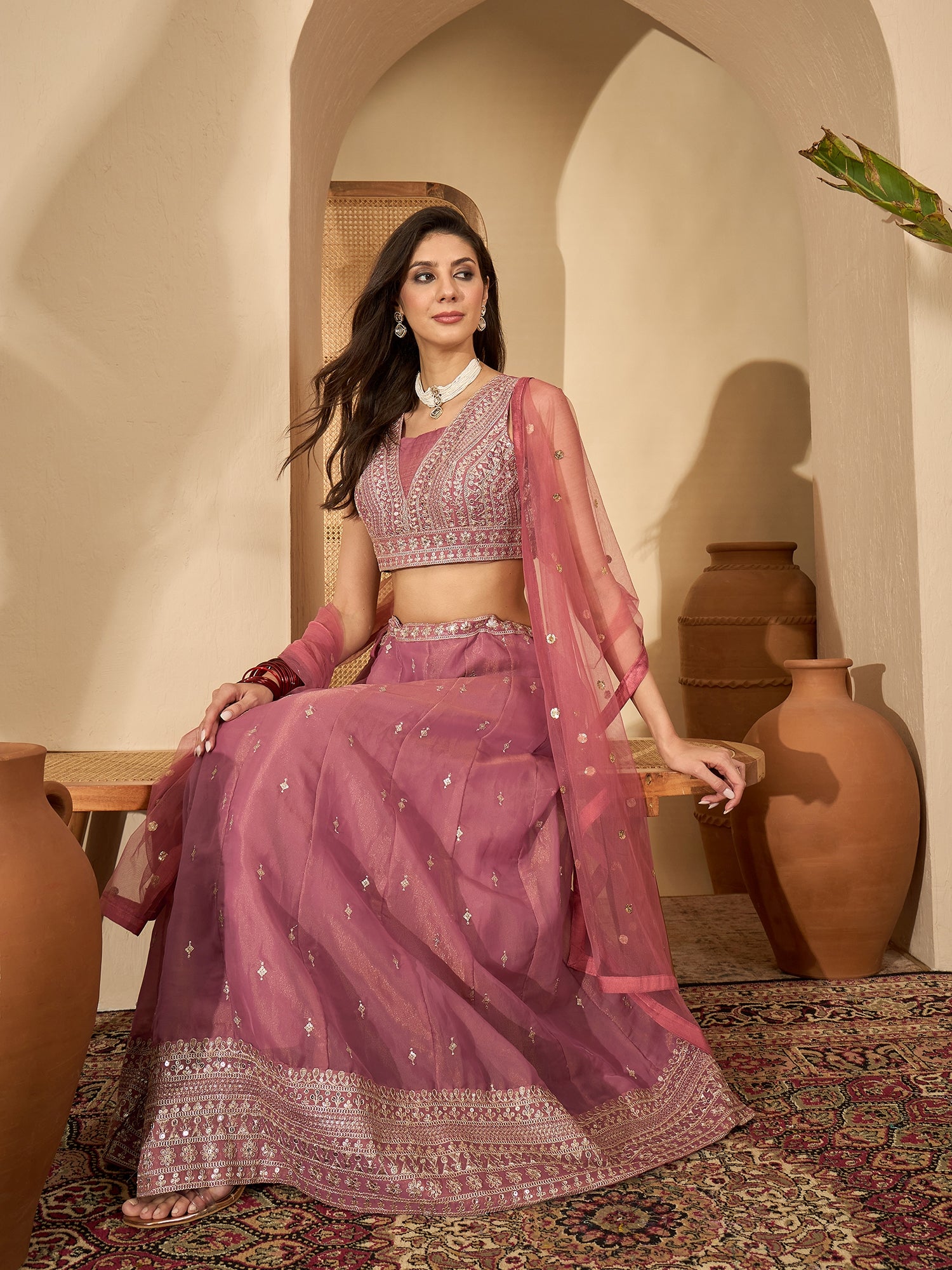 Women's Pink Solid & Embroidered Net Lehenga Choli Dupatta Set