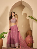 Women's Pink Solid & Embroidered Net Lehenga Choli Dupatta Set