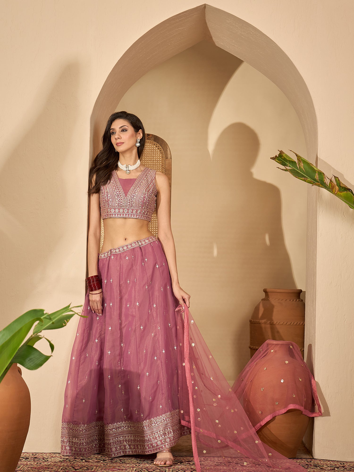 Women's Pink Solid & Embroidered Net Lehenga Choli Dupatta Set