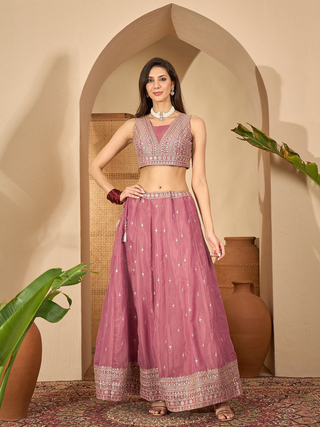 Women's Pink Solid & Embroidered Net Lehenga Choli Dupatta Set