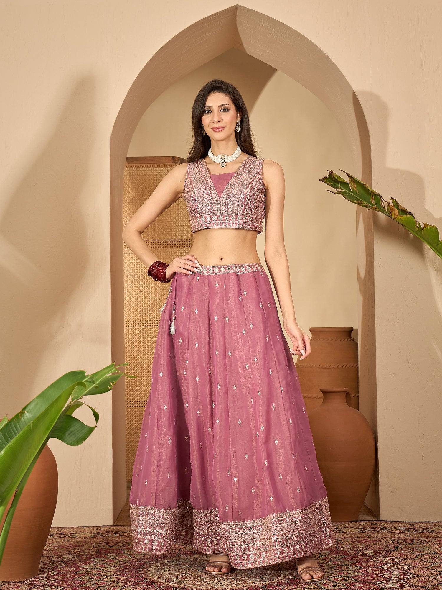 Women's Pink Solid & Embroidered Net Lehenga Choli Dupatta Set