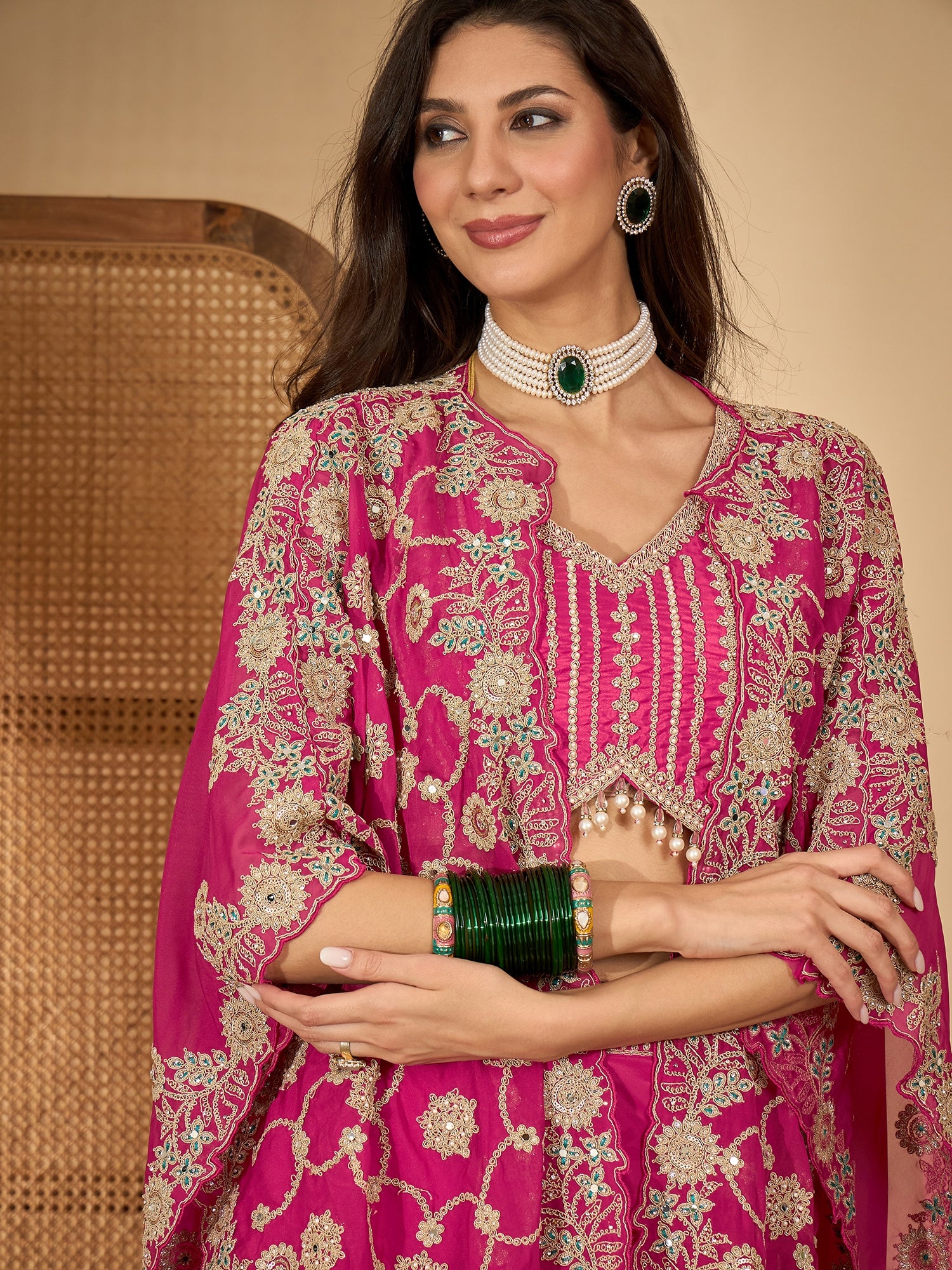 Women's Pink Embroidered Satin Lehenga Choli With Shrug