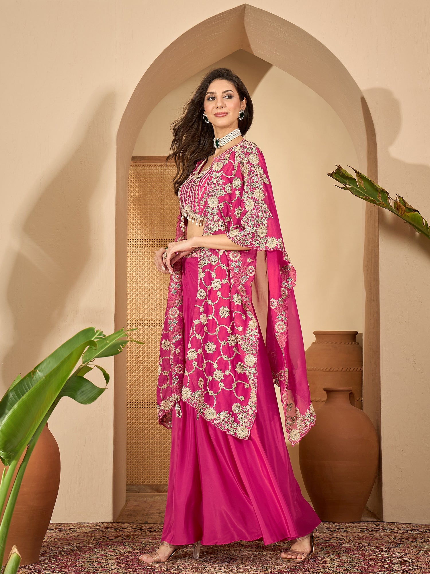 Women's Pink Embroidered Satin Lehenga Choli With Shrug