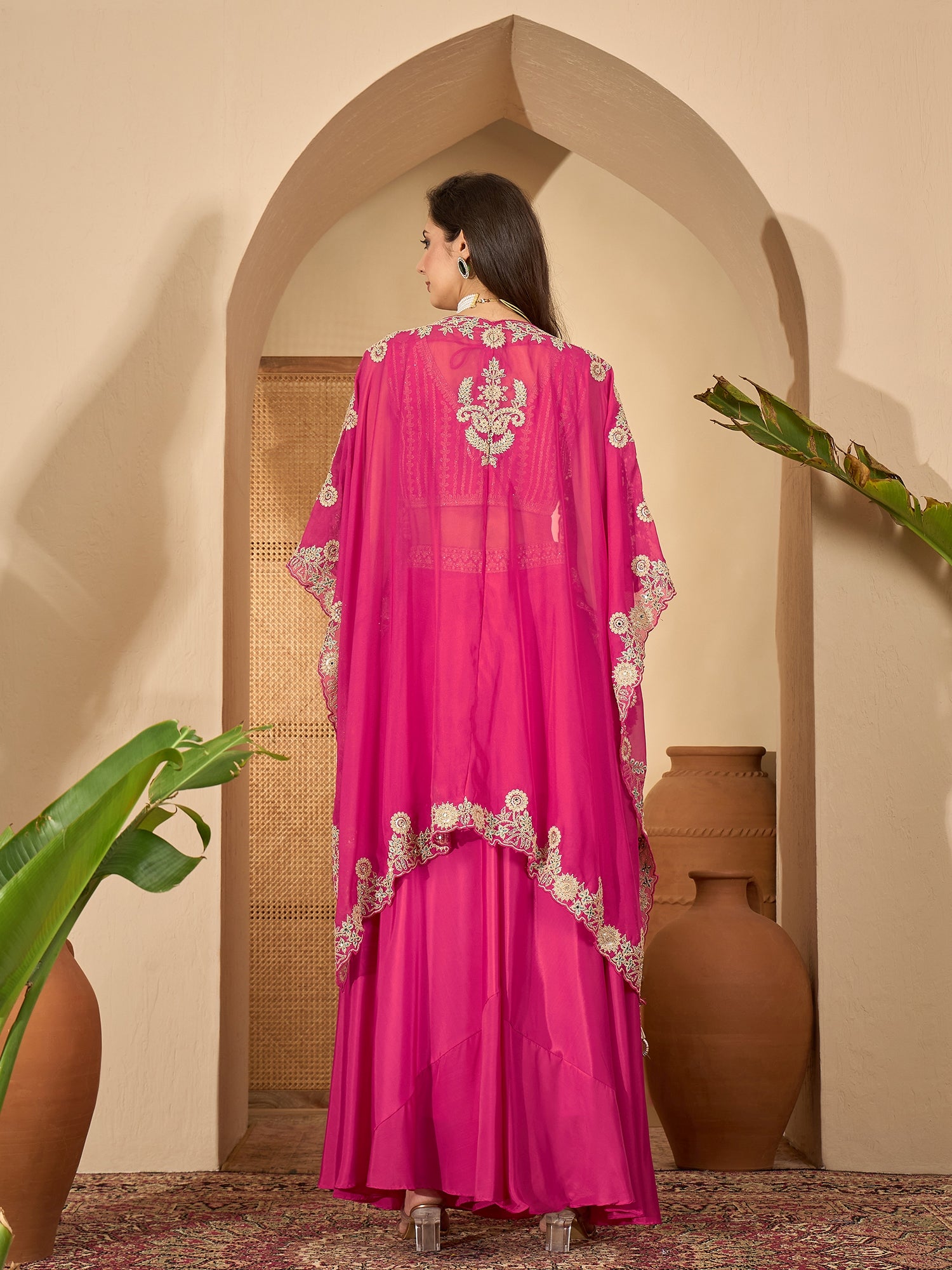 Women's Pink Embroidered Satin Lehenga Choli With Shrug