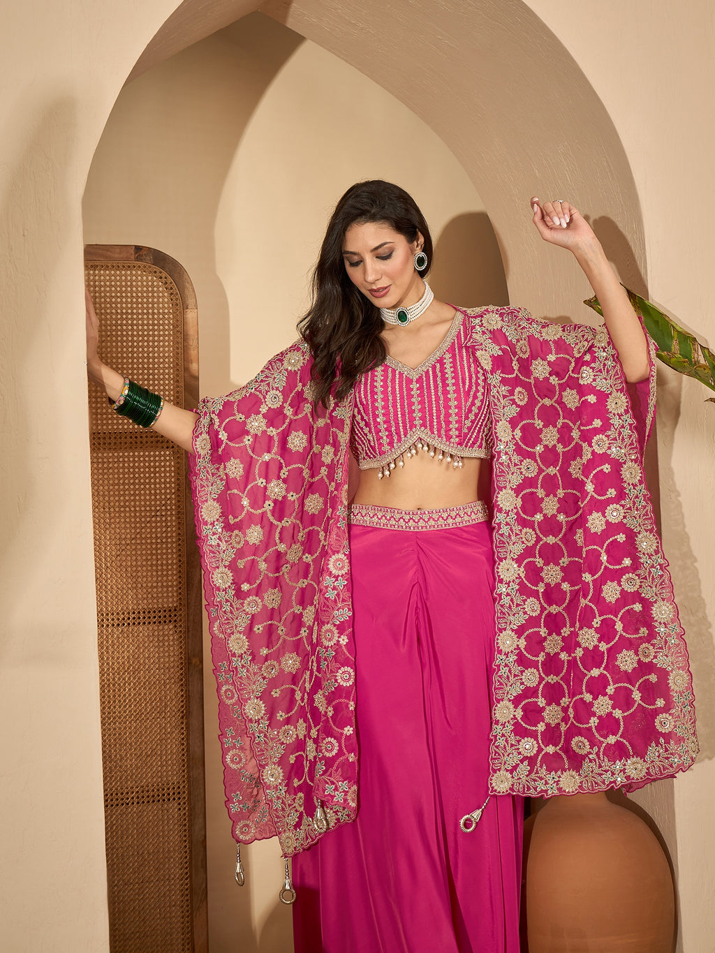 Women's Pink Embroidered Satin Lehenga Choli With Shrug