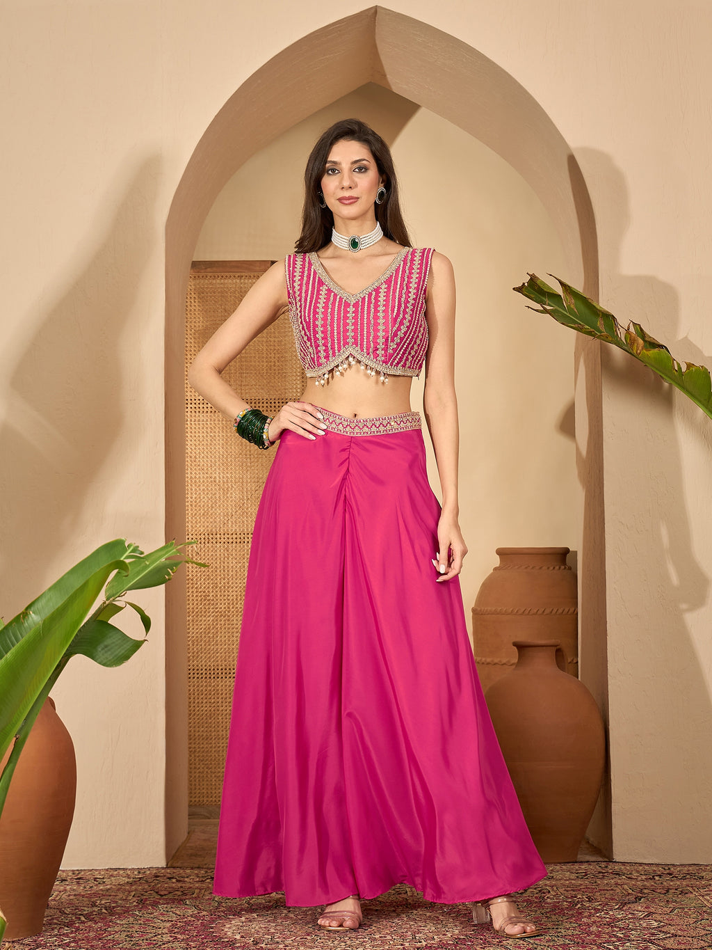 Women's Pink Embroidered Satin Lehenga Choli With Shrug