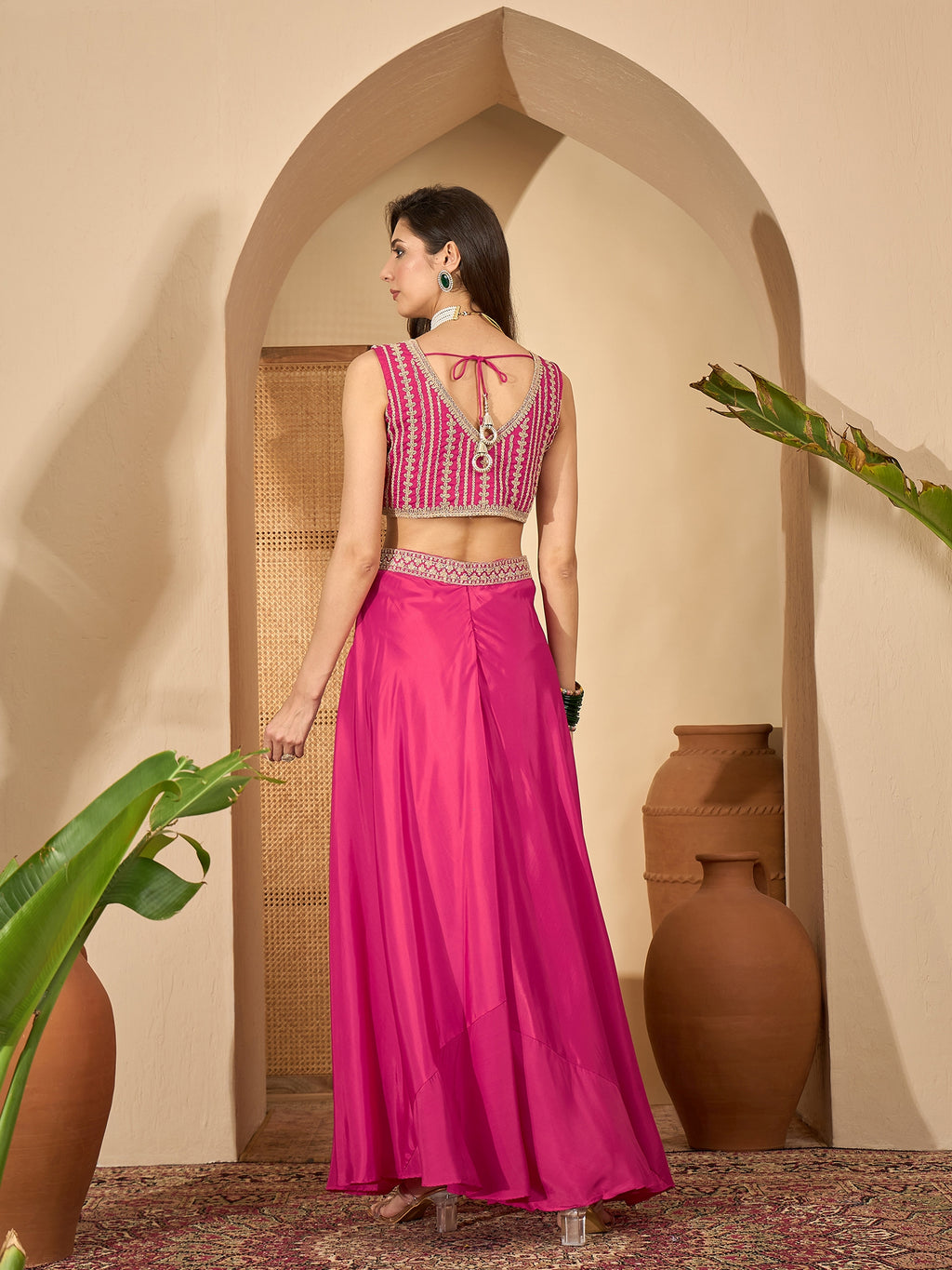 Women's Pink Embroidered Satin Lehenga Choli With Shrug