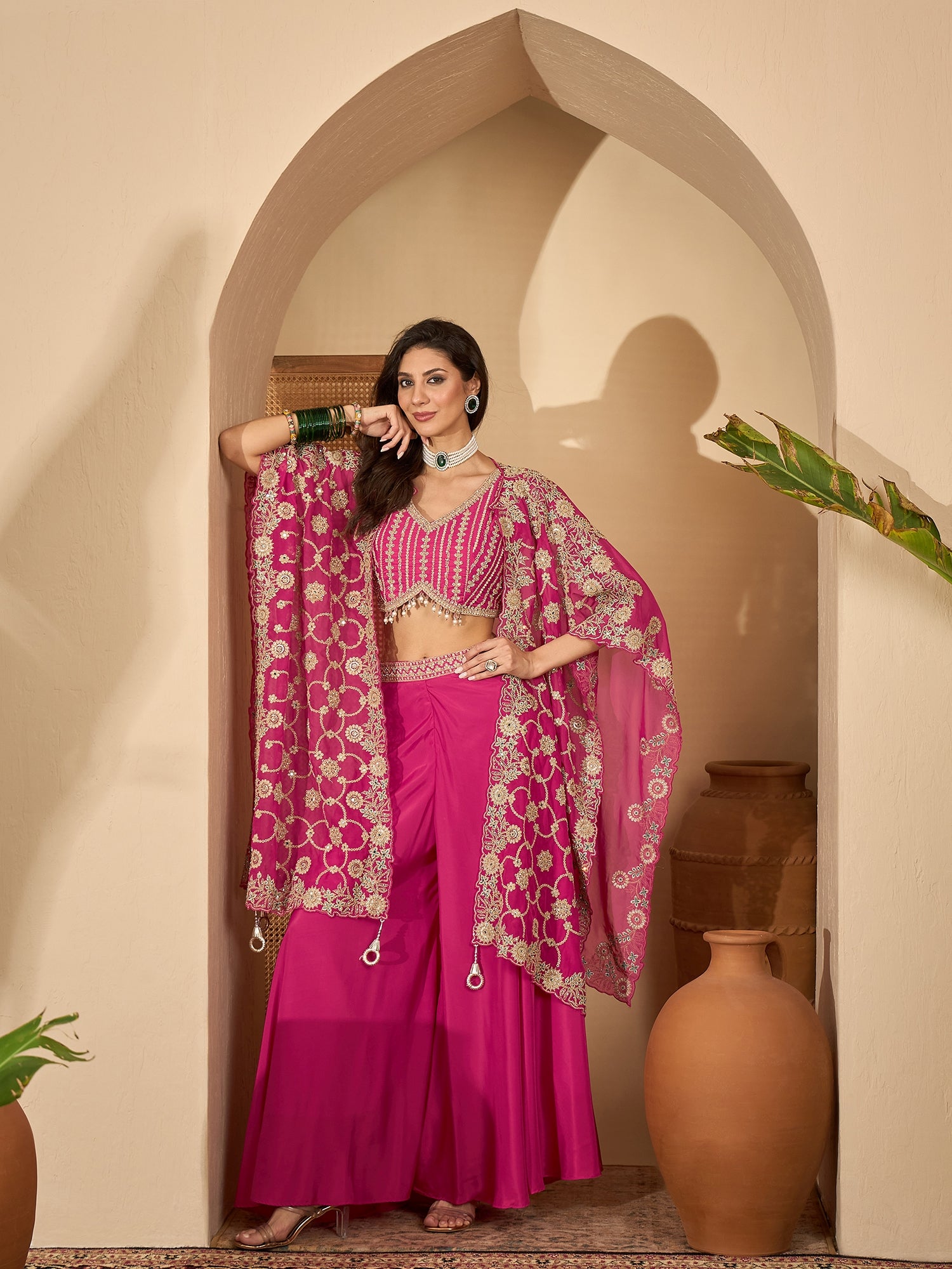 Women's Pink Embroidered Satin Lehenga Choli With Shrug