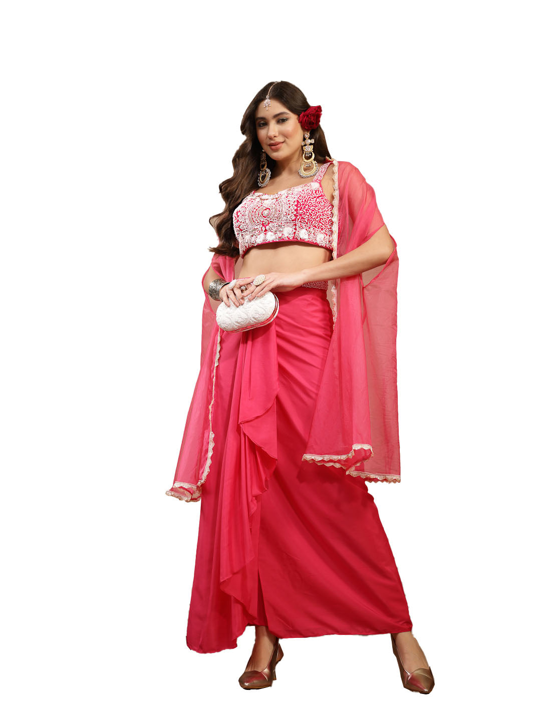 Women's Pink Solid & Embroidered Silk Draped Lehenga Choli With Shrug