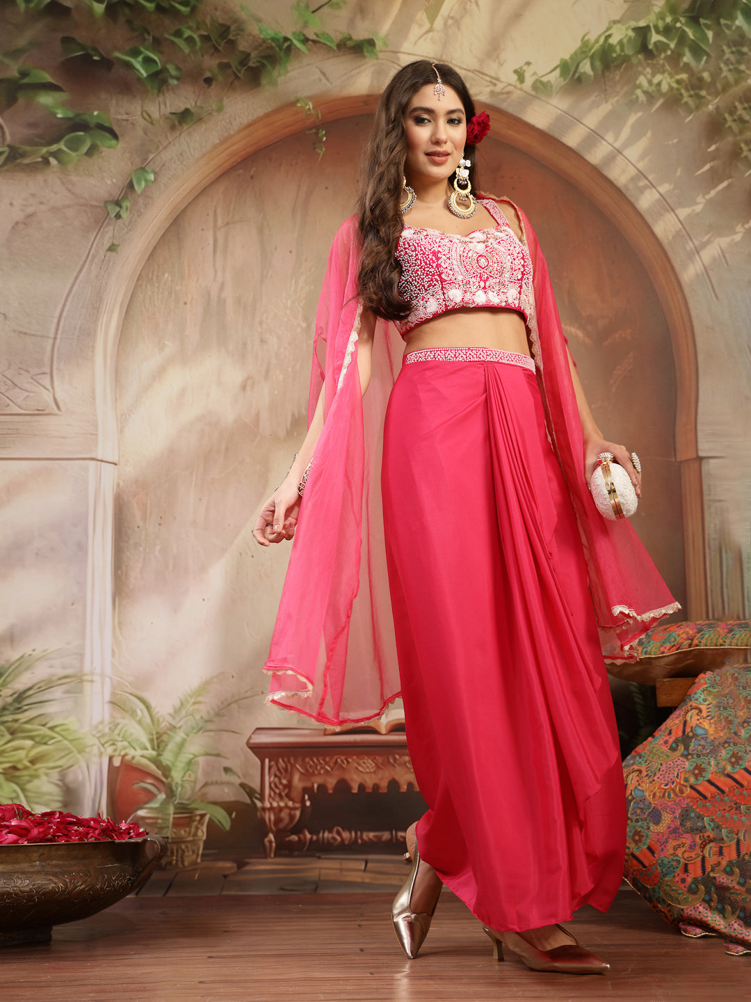 Women's Pink Solid & Embroidered Silk Draped Lehenga Choli With Shrug