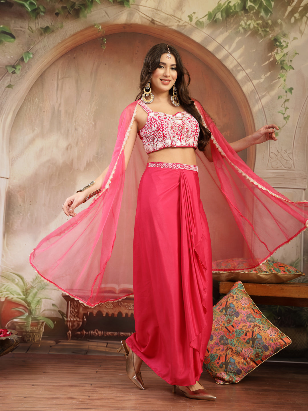 Women's Pink Solid & Embroidered Silk Draped Lehenga Choli With Shrug