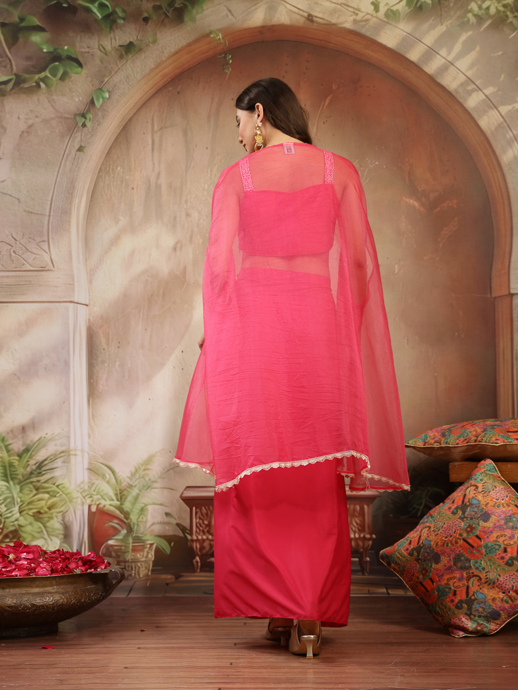 Women's Pink Solid & Embroidered Silk Draped Lehenga Choli With Shrug