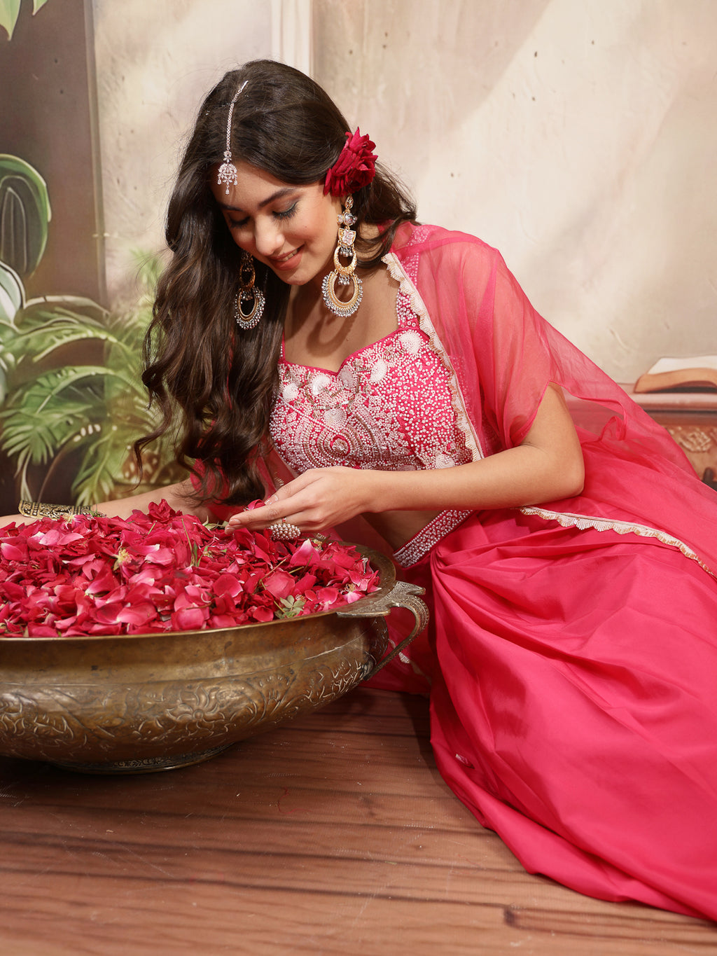 Women's Pink Solid & Embroidered Silk Draped Lehenga Choli With Shrug