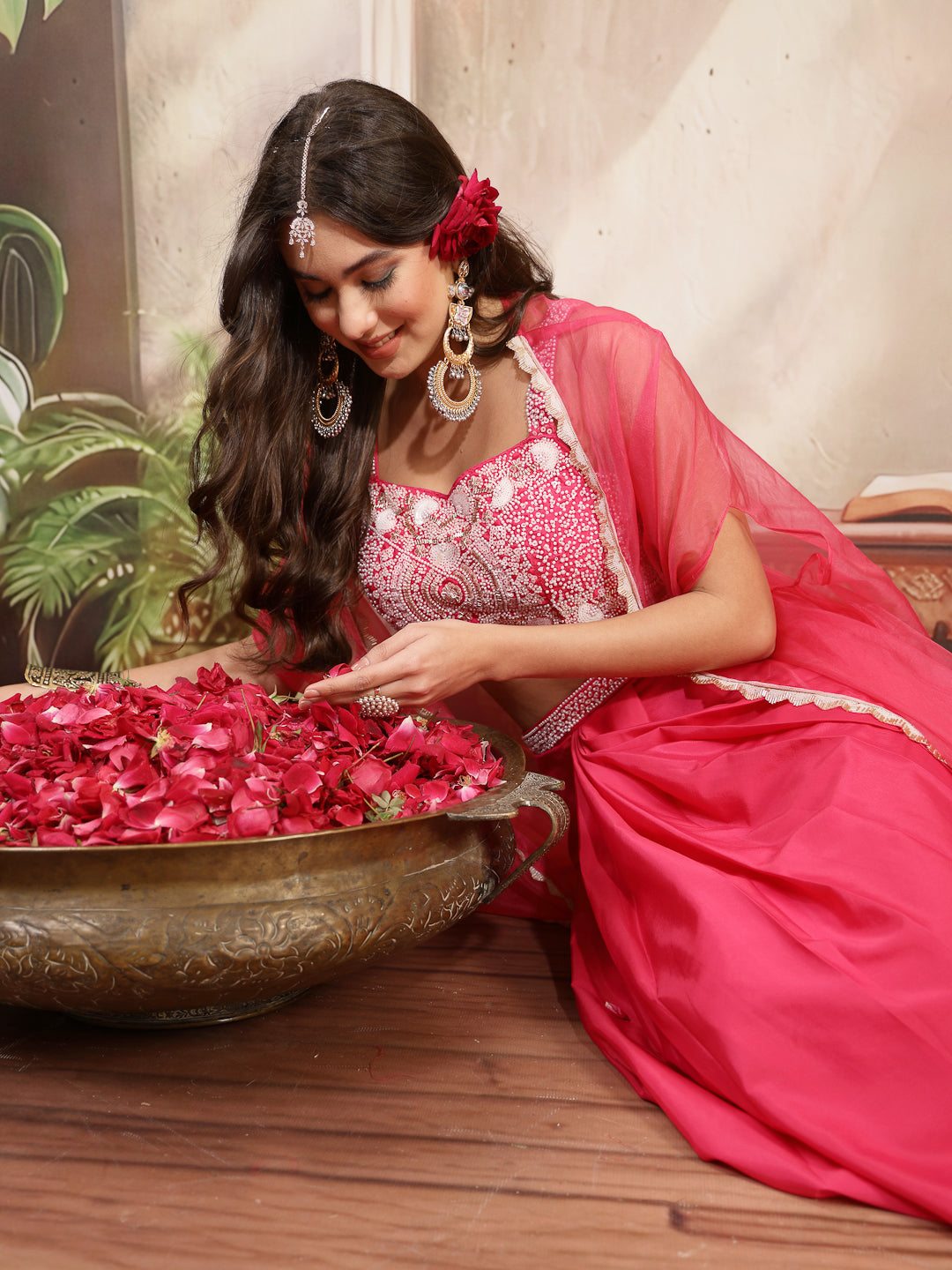 Women's Pink Solid & Embroidered Silk Draped Lehenga Choli With Shrug