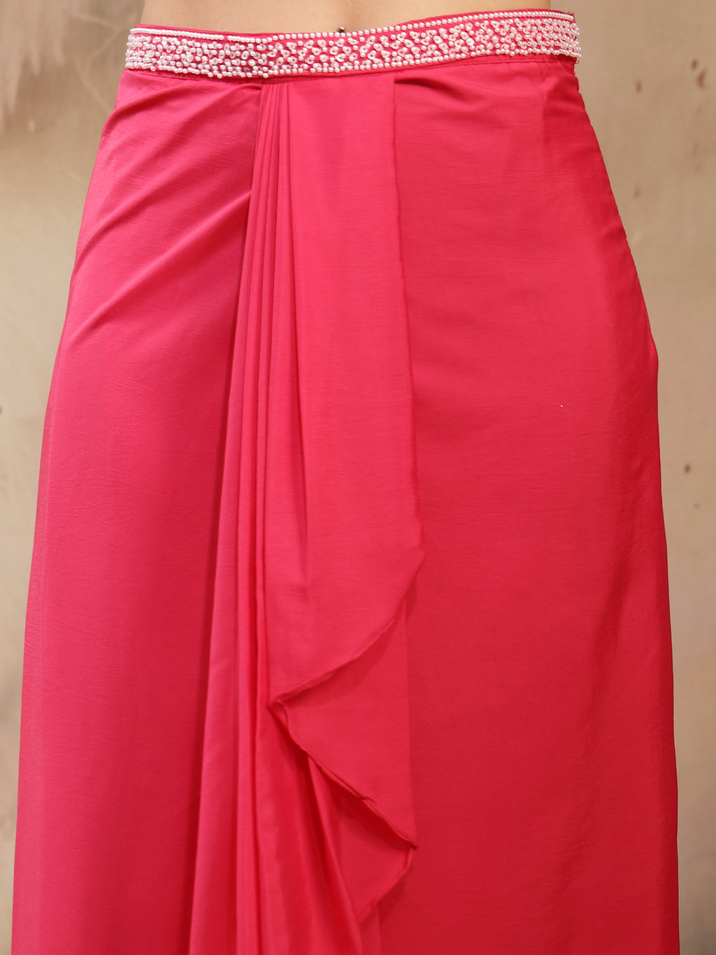Women's Pink Solid & Embroidered Silk Draped Lehenga Choli With Shrug