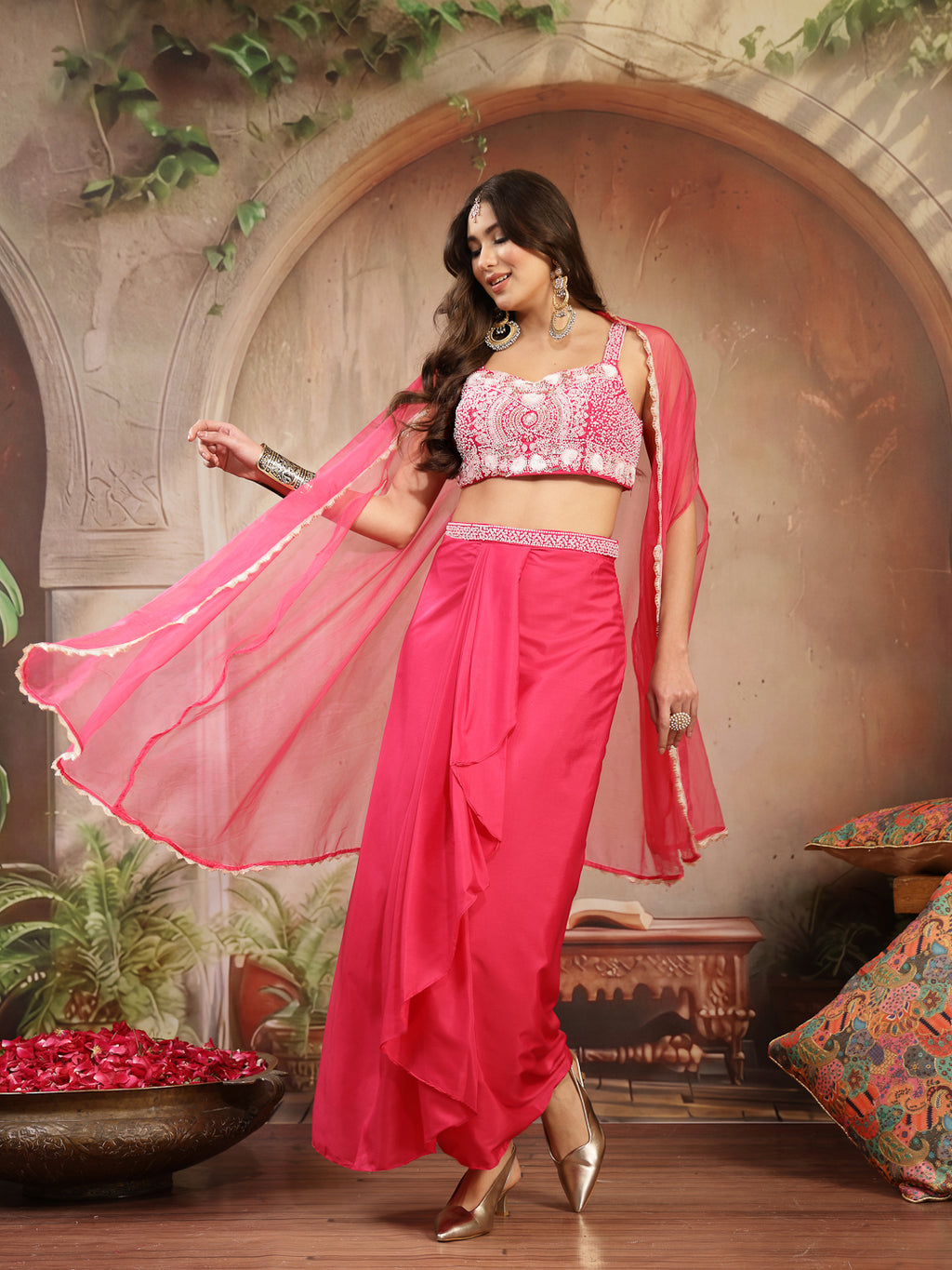 Women's Pink Solid & Embroidered Silk Draped Lehenga Choli With Shrug