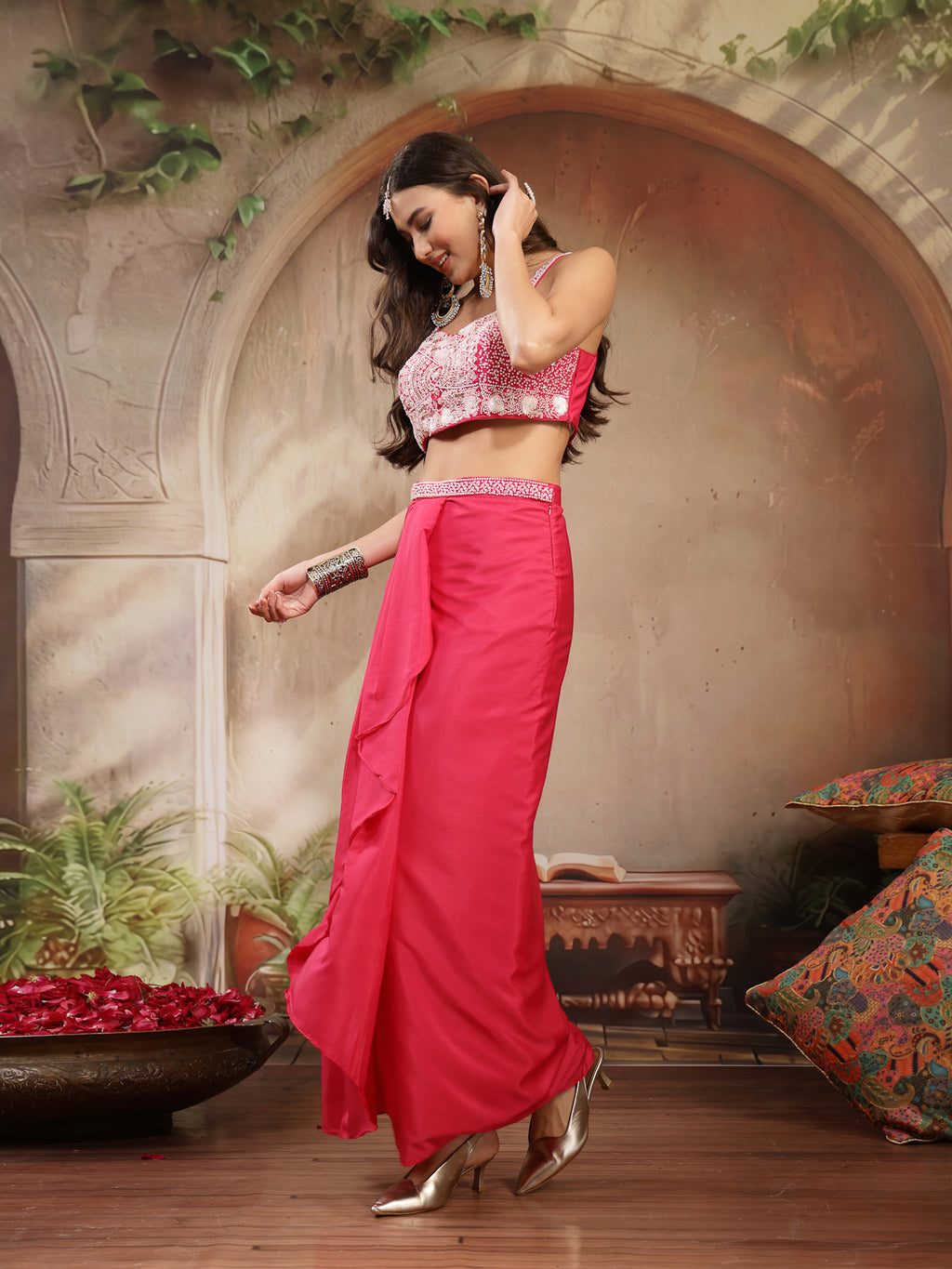 Women's Pink Solid & Embroidered Silk Draped Lehenga Choli With Shrug